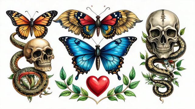 Colorful Butterfly Arrangement with Skulls, Heart, and Snake with botanicals; illustration with vibrant wings, leaves, and symbolic icons