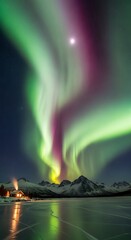 A captivating aurora borealis display over a frozen lake, showcasing vibrant green and purple hues against a dark night sky, with a cozy cabin nestled amongst snowy mountains.