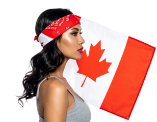 Stylish Woman Wearing Canada Flag Bandana, Side View, Transparent PNG 