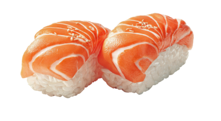 Two salmon nigiri sushi pieces, rice topped with orange-pink fish