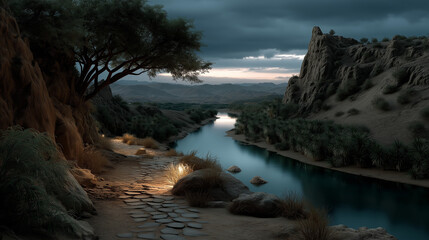 A Glowing Path Leading to a Calm River Winding Through a Rocky Canyon at Sunset