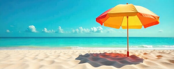 A vibrant beach umbrella provides shade on a sunny day, casting a cool shadow on the golden sand  Perfect for summer vacation themes and travel imagery ,  vibrant,  sunlight,  umbrella