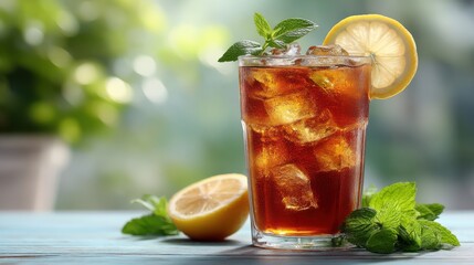 Fototapeta premium A refreshing glass of iced tea garnished with a lemon slice and fresh mint leaves on a wooden table with a blurred green background.