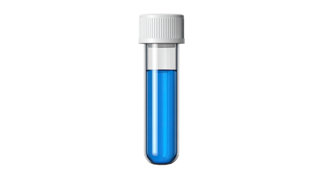 A vertical test tube filled with blue liquid, capped with white