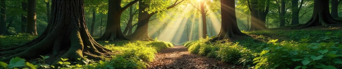 Sun-Dappled Forest Ancient Trees Reach for the Sky in a Remote Wilderness, Perfect for Nature Conservation and Environmental Projects