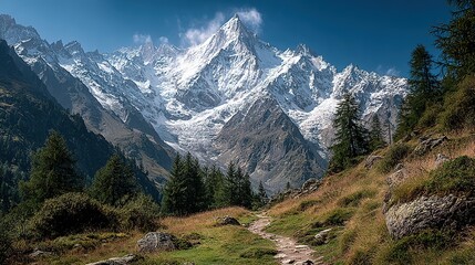 Obraz premium Snowy mountain peaks rise above a landscape with trees and a winding path.