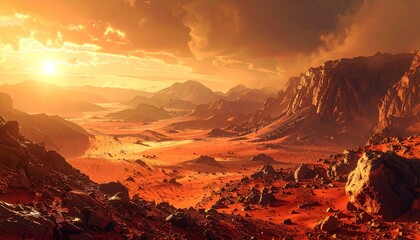 Naklejka premium Realistic full-color background with a macro view of Mars’ rocky surface, red and orange textures under a dusty sky