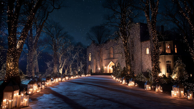 Enchanted forest path lined with glowing lanterns and fairy lights at night