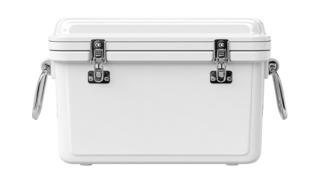 White, rectangular cooler with latches and handles