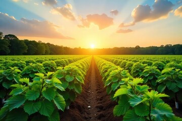 Fototapeta premium Sun-drenched rows of cotton plants stretch to the horizon, evoking the history and landscape of a southern plantation Lush greenery, vibrant sky, historical feel , scenic, cotton field