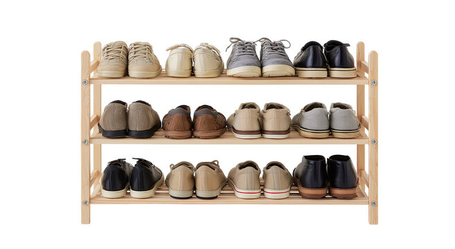 Three-tiered wooden shoe rack filled with various shoes