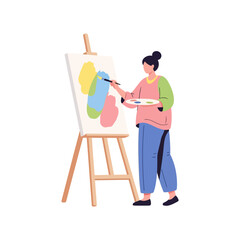 Flat vector illustration of a woman painting colorful abstract artwork on canvas, creative hobby, isolated on white.
