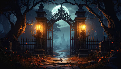 Spooky gothic graveyard gate with eerie lanterns glowing in a dark forest creating a haunting atmosphere and copy space