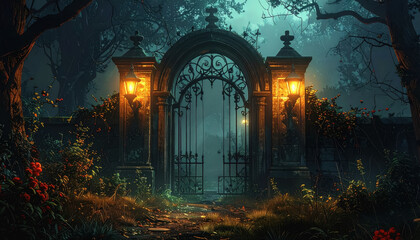Mysterious gothic graveyard gate surrounded by dark forest and eerie lanterns glowing to create a haunting scene