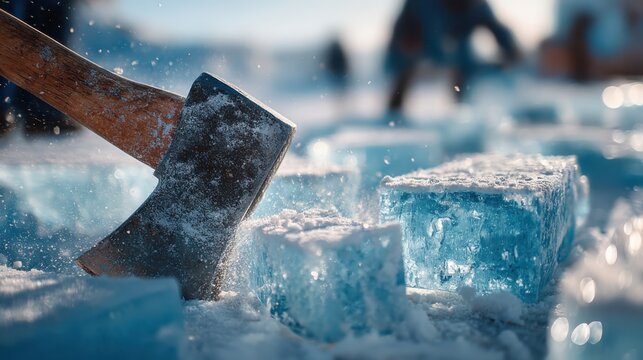 An axe embedded in ice with chunks of ice around, highlighting the cold and sharp texture in a close-up shot.