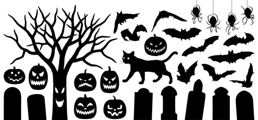 Silhouette illustrations of tombstones, bats, spiders, jack-o-lanterns, a spooky tree and a cat isolated on transparent background, Halloween illustration set
