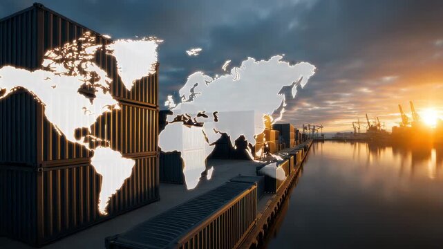 Global shipping container port sunset with world map overlay showcasing international logistics, import export operations, harbor cranes, calm water reflections, and global trade supply chain