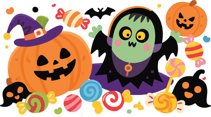 Whimsical Halloween Celebration A Festive Gathering of Pumpkins Friendly Monster and Colorful Candies Creating a Spooky Treat Filled Scene