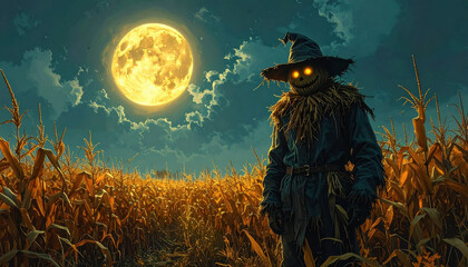 Fototapeta premium Mysterious scarecrow in a corn field with full moon glowing behind creating a spooky atmosphere for halloween