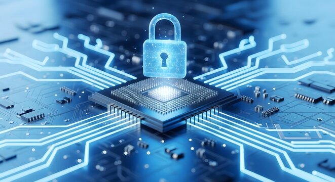 CPU Locked with Padlock Hologram and Glowing Data Connections