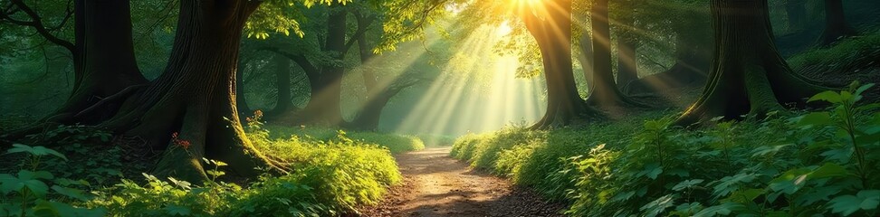 Fototapeta premium Magical Sun-Dappled Forest Path Winding Through Ancient Woods, Dappled Sunlight Filters Through Leaves, Creating a Fairytale Atmosphere, Perfect for Fantasy and Nature Projects