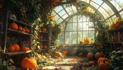 Overgrown abandoned greenhouse filled with pumpkins surrounded by vines and nature in an eerie atmosphere