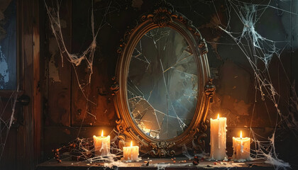 Broken mirror surrounded by flickering candles and cobwebs creating a haunting atmosphere with space for text