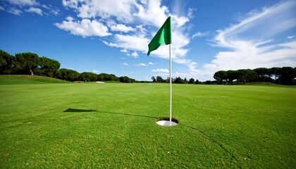 Fototapeta premium Golf hole with flag under a blue sky