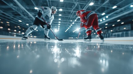 Two ice hockey players face off on the rink, ready to compete in a fast-paced game under bright arena lights.