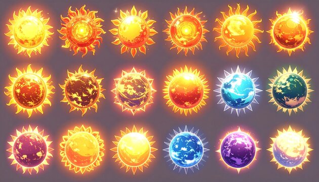Cartoon suns and planets in various stages