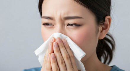 ティッシュで鼻をかむ若い女性