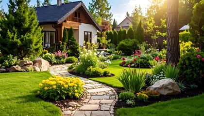 Obraz premium A beautiful garden surrounds a charming house