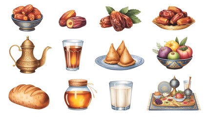 Assortment of traditional ramadan iftar food items including dates, samosas, bread, honey, and fruit, with tea and coffee