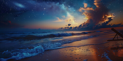 Dreamy ocean waves gently lap a tranquil beach under a vast starry sky and dramatic sunset clouds.