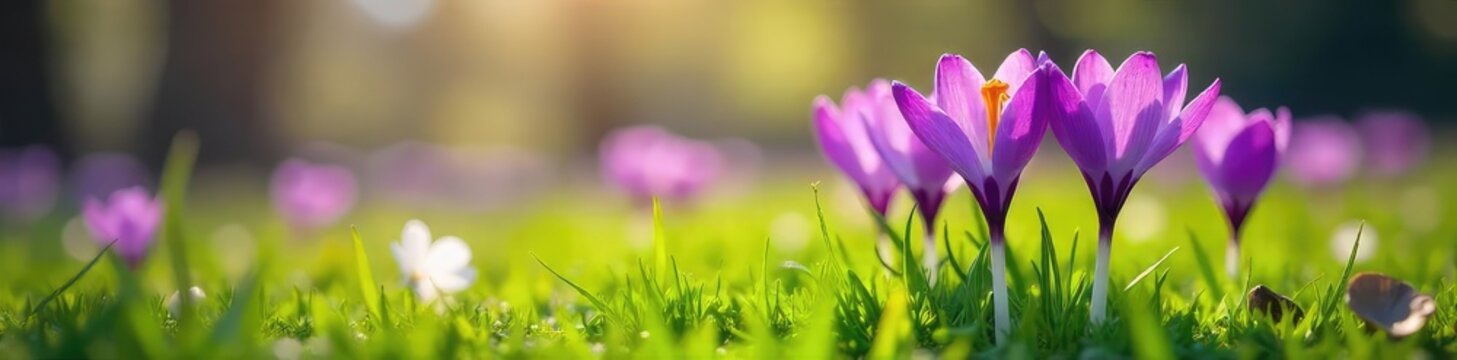 Vibrant purple crocus flowers blooming in a lush green meadow, bathed in the soft light of spring A stunning display of early spring blossoms , botany, plant, springtime