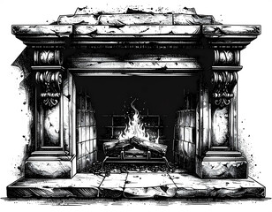Fototapeta premium Fireplace Black and White Illustration
