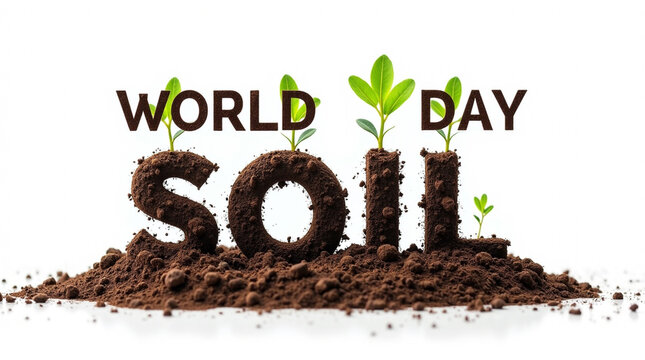 World soil day typography formed from soil with green plants growing out of the letters isolated on white background, promoting awareness of the importance of healthy soil for a sustainable future