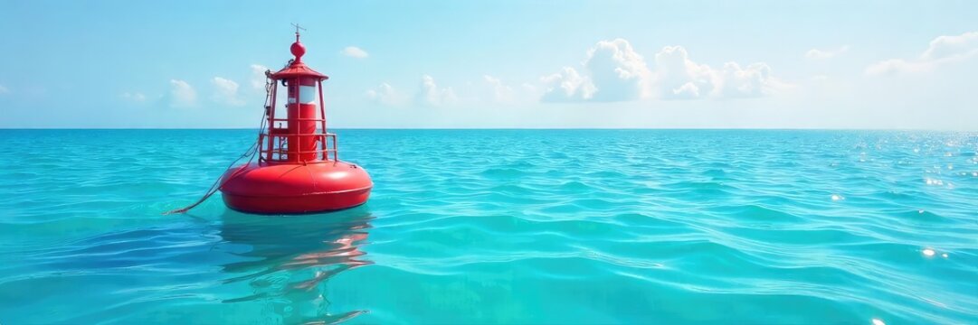 Vibrant red buoy bobbing gently on a calm, azure ocean, sunlight reflecting off its surface A quintessential summer seascape, perfect for nautical themes , water, red