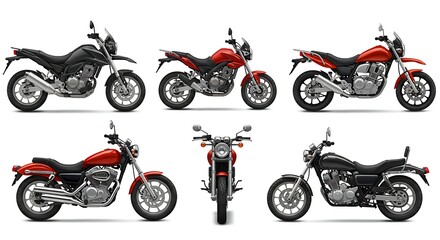 Obraz premium Diverse collection of motorcycle models, showcasing various styles and designs, meticulously isolated on a white background, ideal for transportation and hobby themes