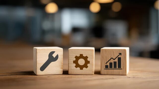 Wooden block with wrench icon, gear icon, and growth chart on wooden surface representing business concept, technical support, development, and progress on office table in warm environment