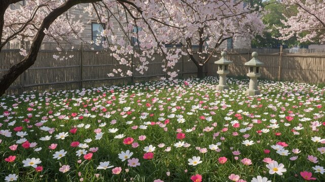 Japanese flower garden in early spring cherry blossoms