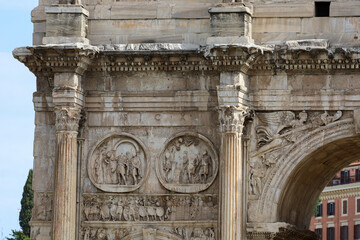 View of the roundels on Rome's Arch of Constantine, eight large circular reliefs that were taken from a monument built for Emperor Hadrian.