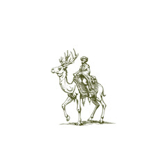 Obraz premium Vintage engraving illustration of a desert traveler or figure in a turban riding a mythical beast of burden a camel with large deer or stag antlers. Concept for exotic travel, ancient mythology