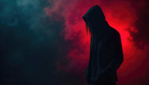 A shadowy figure shrouded in darkness, embodying temptation and moral transgression The image suggests hidden desires and the allure of the forbidden , regret, demon