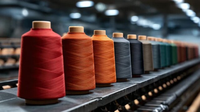 Colorful thread spools in red orange black green lined up on textile factory machine showcasing vibrant yarn and industrial production with organized factory setting and focused lighting