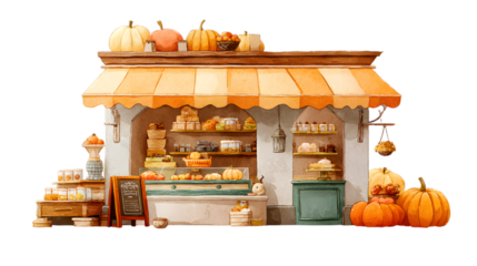 Charming autumn bakery shopfront with pumpkins, treats, and inviting atmosphere isolated on white background