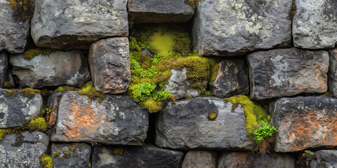 Close-up of natural stone wall with moss growing between rocks, rustic texture background for architecture and design