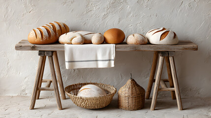 Freshly baked bread and a towel resting on a rustic wooden table. A beautiful scene displaying assorted loaves and rolls, evoking warmth and freshness.
