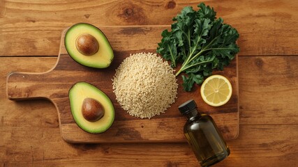 fresh food ingredients that can be used for healthy dishes, such as avocados, green vegetables, and olives