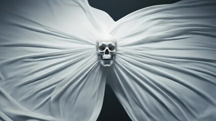 Creepy Skull bursts through white cloth, spooky concept for Halloween, ghost, fear.  Ideal for horror movies, dark music videos, suspenseful advertising, and themed events.